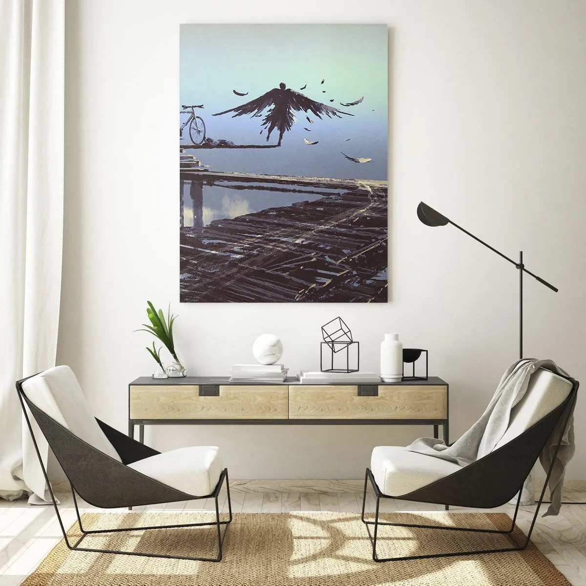 Glasbild - Bild auf glas - Eine Figur mit einem Fahrrad auf einer Holzbrücke über den Wolken - 50x70cm - Ikarus lebt für immer - Moderne Wanddekoration für Wohnzimmer und Schlafzimmer ARTTOR