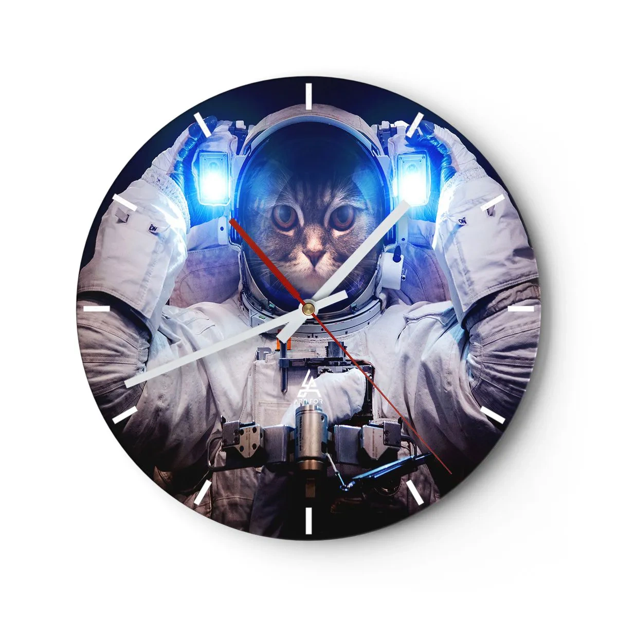 Wanduhr - Glasuhr - Eine Katze im Astronautenanzug mit blauem Licht im Hintergrund. - 30x30cm - Houston, du hast ein Problem - Moderne Wanddekoration für Wohnzimmer, Küche und Schlafzimmer ARTTOR