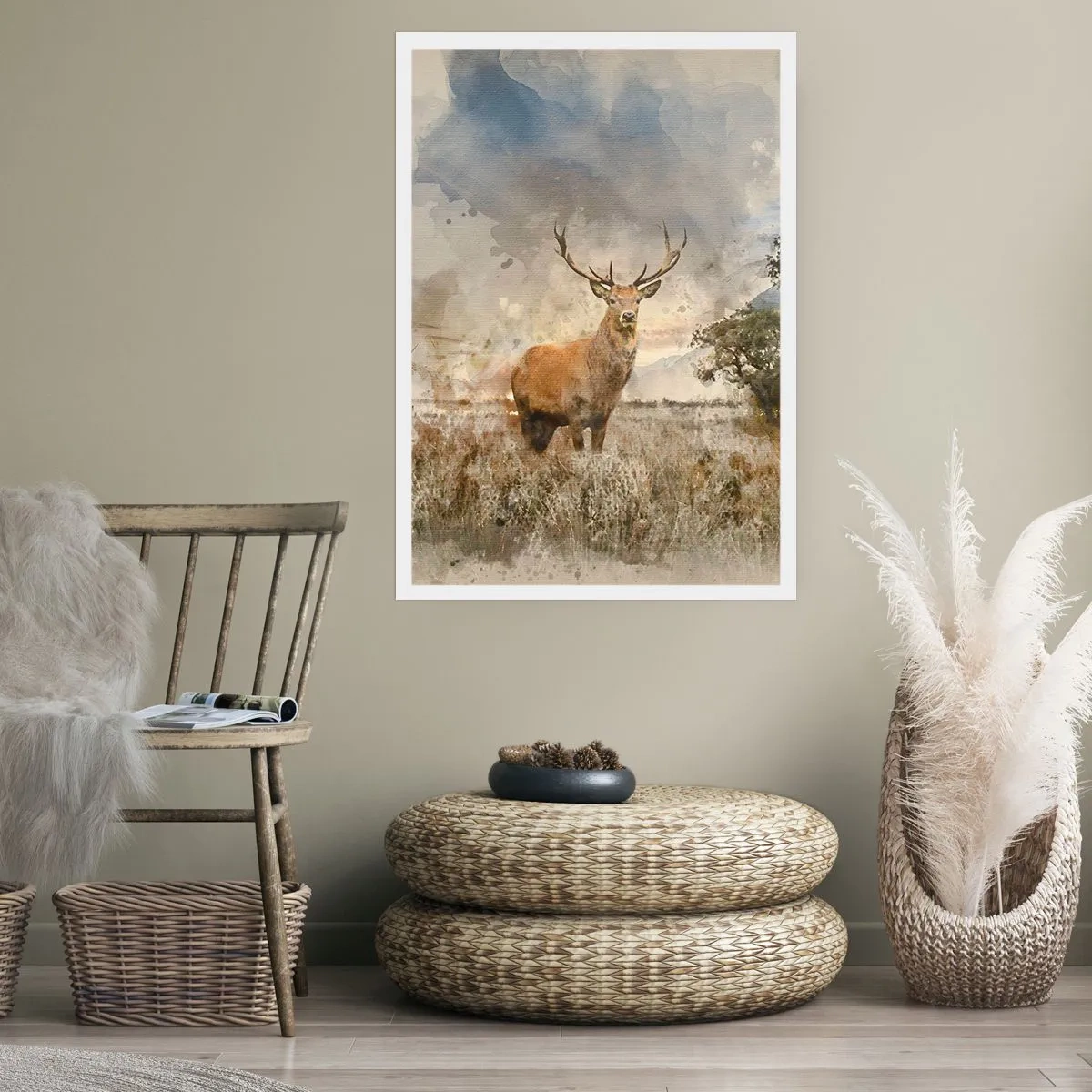 Poster - Hirsch vor natürlichem Hintergrund im malerischen Stil - 50x70cm - Würde – Stärke – Würde - Moderne Wanddekoration für Wohnzimmer und Schlafzimmer ARTTOR