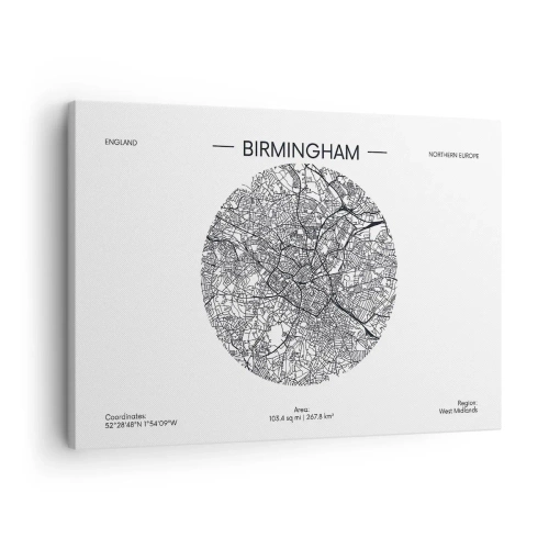 Bild auf Leinwand - Leinwandbild - Eine minimalistische Schwarzweißkarte von Birmingham mit präzisen Details. - 70x50cm - Anatomie von Birmingham - Moderne Wanddekoration für Wohnzimmer und Schlafzimmer ARTTOR