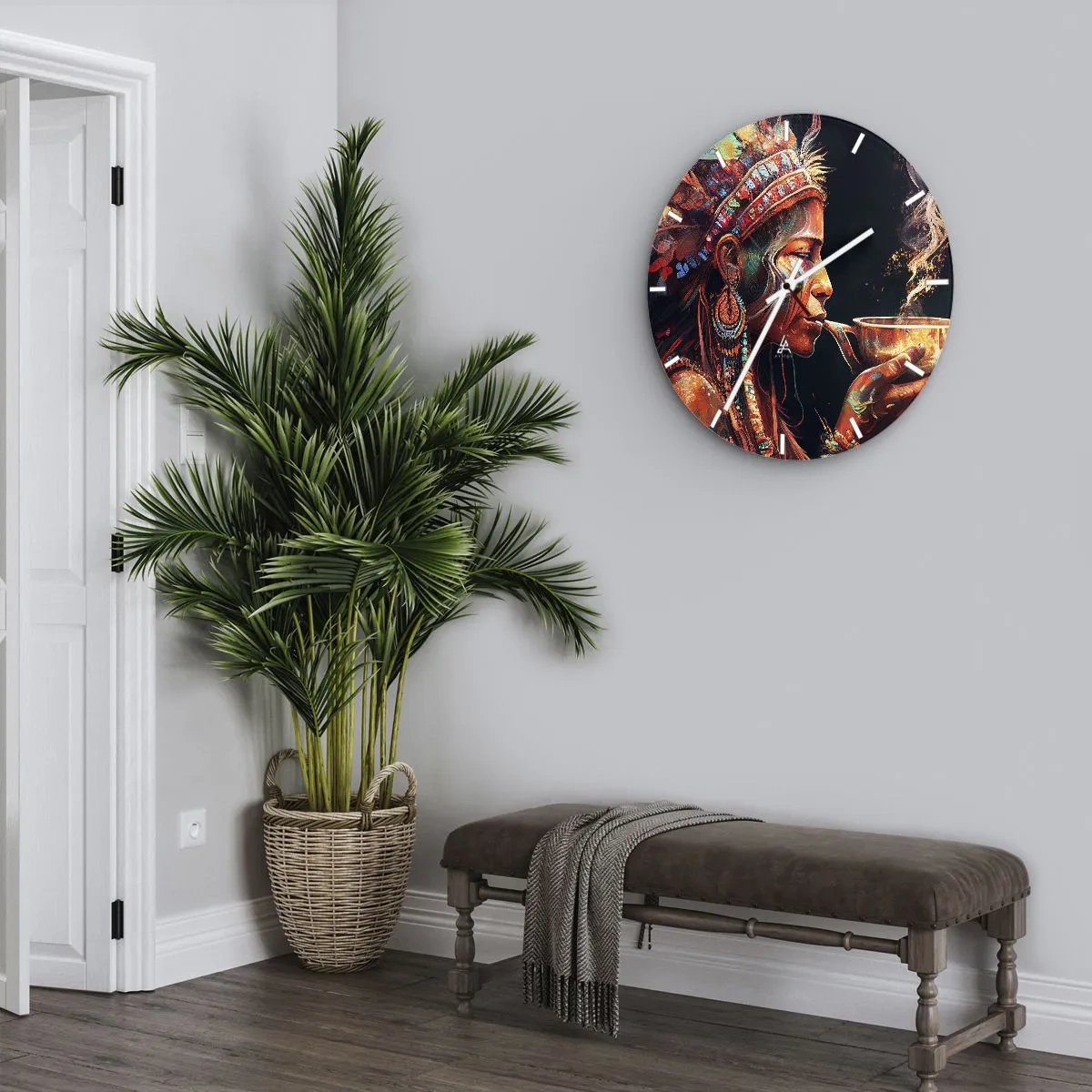 Wanduhr - Glasuhr - Ein farbenfrohes Porträt einer Frau mit Federkopfschmuck während eines Rituals. - 30x30cm - Magisches Ritual - Moderne Wanddekoration für Wohnzimmer, Küche und Schlafzimmer ARTTOR