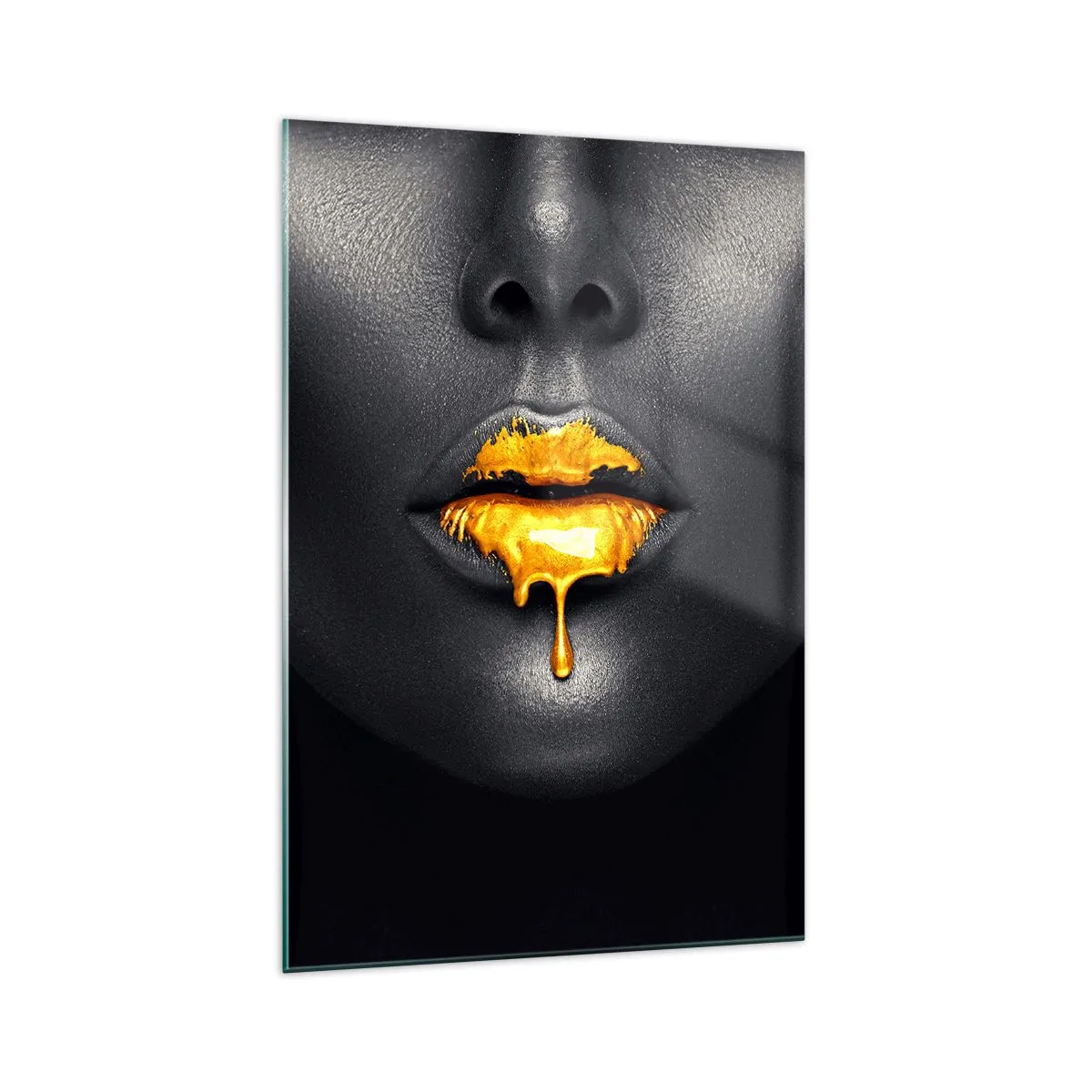 Glasbild - Bild auf glas - Schwarz-goldenes Porträt einer Frau mit einem Tropfen Gold auf den Lippen - 70x100cm - Goldmaul - Moderne Wanddekoration für Wohnzimmer und Schlafzimmer ARTTOR