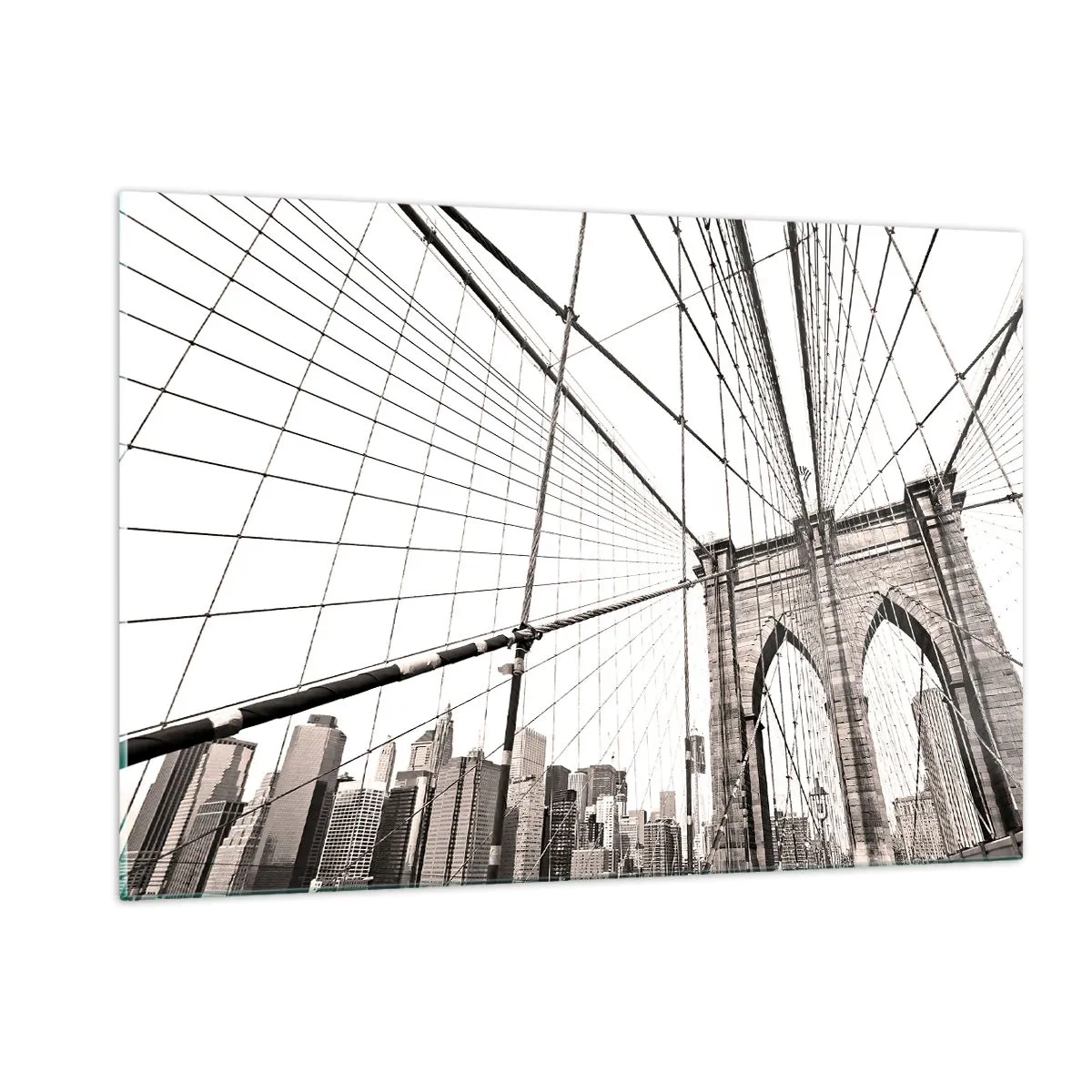 Glasbild - Bild auf glas - Eine Hängebrücke mit einem Stadtpanorama im Hintergrund in Sepia - 120x80cm - New Yorker Kathedrale - Moderne Wanddekoration für Wohnzimmer und Schlafzimmer ARTTOR