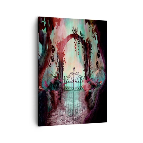 Bild auf Leinwand - Leinwandbild - Ein magischer Eingang mit einem schmiedeeisernen Tor, umgeben von geheimnisvoller Vegetation - 50x70cm - Geheimer Garten - Moderne Wanddekoration für Wohnzimmer und Schlafzimmer ARTTOR