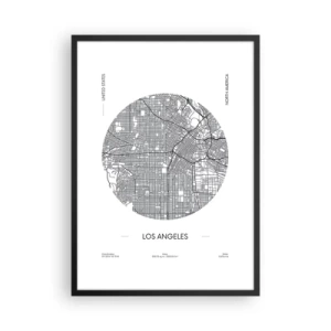 Poster in einem schwarzem Rahmen - Eine minimalistische Karte von Los Angeles in Schwarzweiß. - 50x70cm - Anatomie von Los Angeles - Moderne Wanddekoration für Wohnzimmer und Schlafzimmer ARTTOR