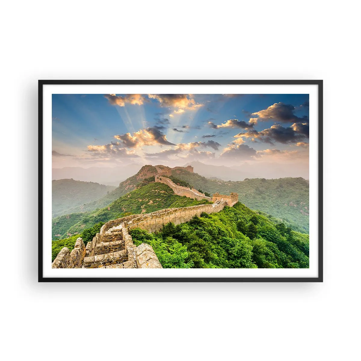 Poster in einem schwarzem Rahmen - Die Chinesische Mauer im Sonnenlicht in einer malerischen Landschaft - 100x70cm - Ewige Größe - Moderne Wanddekoration für Wohnzimmer und Schlafzimmer ARTTOR