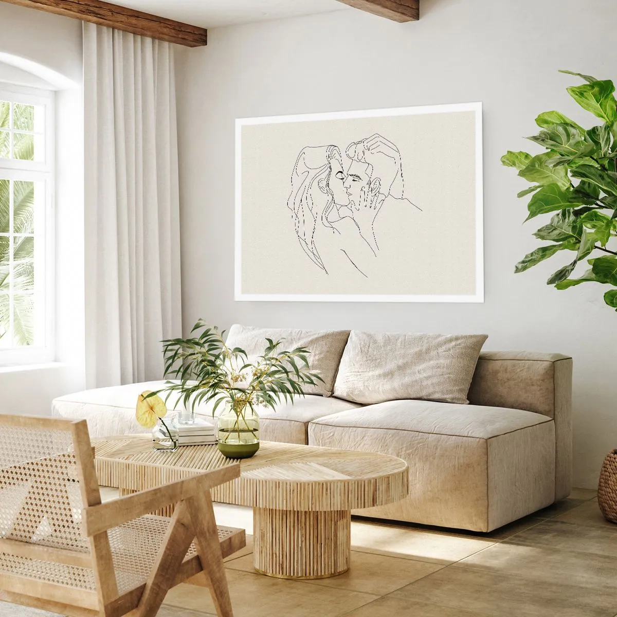 Poster - Eine minimalistische Illustration eines Paares in einer liebevollen Umarmung - 100x70cm - Verstrickt im Gefühl - Moderne Wanddekoration für Wohnzimmer und Schlafzimmer ARTTOR
