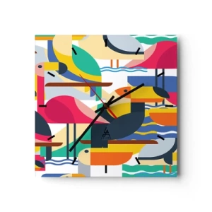 Wanduhr - Glasuhr - Bunte Vögel in einer abstrakten, geometrischen Komposition - 30x30cm - Vogelparty - Moderne Wanddekoration für Wohnzimmer und Schlafzimmer ARTTOR