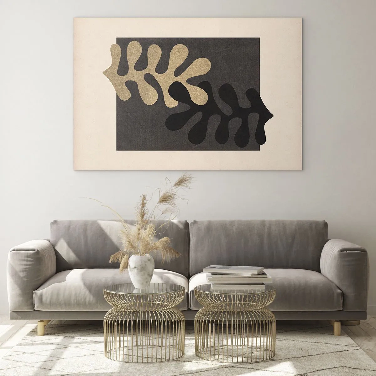 Glasbild - Bild auf glas - Abstrakte Formen in Schwarz und Beige auf geometrischem Hintergrund - 70x50cm - Abwesenheit und Ergänzung - Moderne Wanddekoration für Wohnzimmer und Schlafzimmer ARTTOR