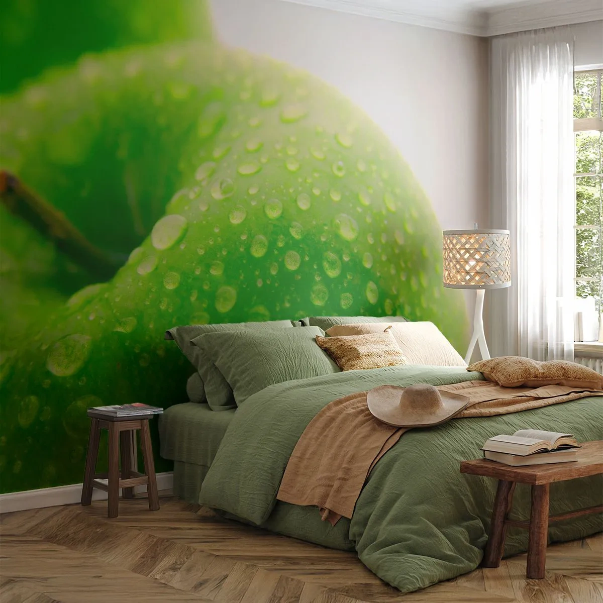 Fototapete Premium Sand - Grüne Äpfel mit Wassertropfen bedeckt in der Makrofotografie - 100x70cm - Grüne kühle Frische - Moderne Wanddekoration für Wohnzimmer und Schlafzimmer ARTTOR