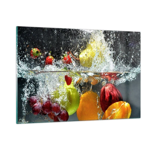 Glasbild - Bild auf glas - In Wasser getauchte Früchte mit dynamischen Spritzern - 120x80cm - Fruchterfrischung - Moderne Wanddekoration für Wohnzimmer und Schlafzimmer ARTTOR