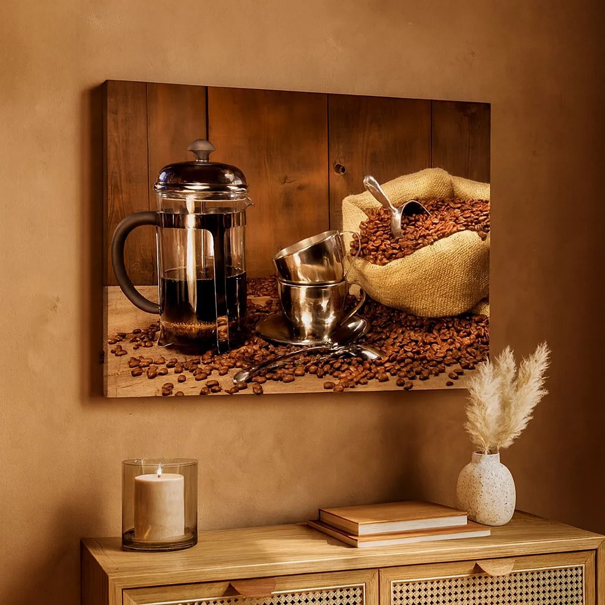Bild auf Leinwand - Leinwandbild - French Press, Tassen und eine Tüte Kaffee auf einem hölzernen Hintergrund - 70x50cm - Der Charme des Kaffees - Aroma und Geschmack - Moderne Wanddekoration für Wohnzimmer und Schlafzimmer ARTTOR