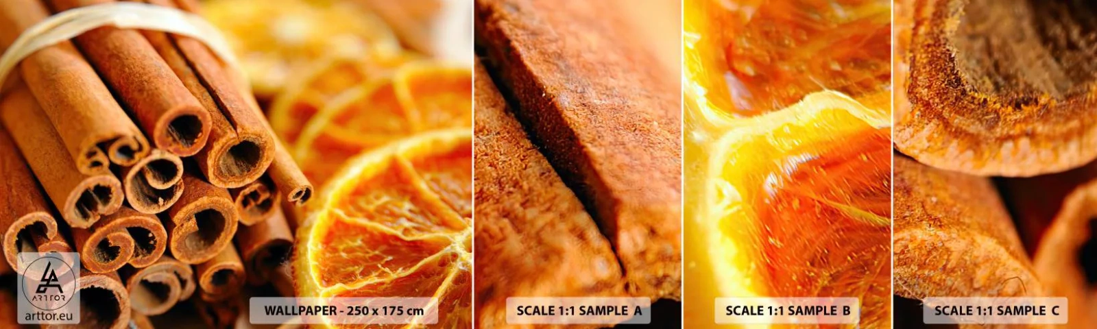 Fototapetenmuster Standard Eco - Kannst du ihr Aroma riechen? - Orange, Zimtstange, Gewürze - 100x30 cm