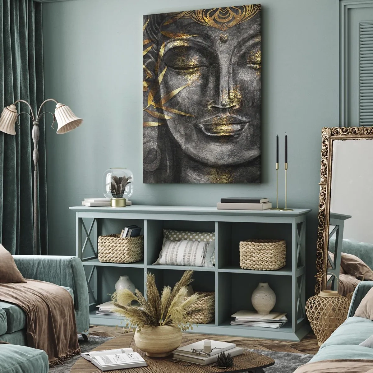 Bild auf Leinwand - Leinwandbild - Zen-Buddha-Bild mit goldenem Bambus - 50x70cm - Fühle den Frieden - Moderne Wanddekoration für Wohnzimmer und Schlafzimmer ARTTOR
