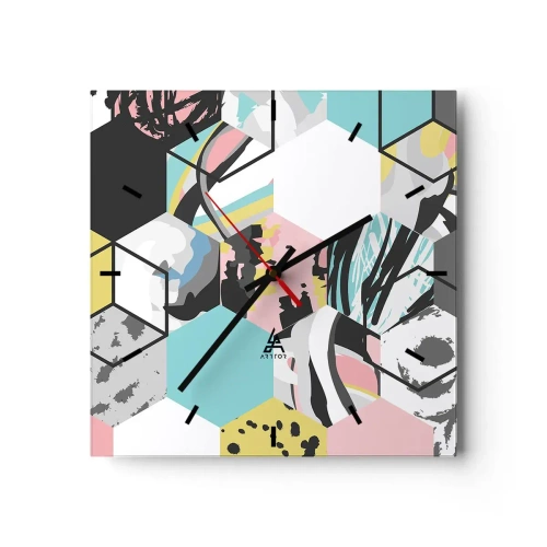 Wanduhr - Glasuhr - Geometrisches Sechseckmuster mit farbenfrohen abstrakten Details - 30x30cm - Sechsecke und Würfel in sechs Farben - Moderne Wanddekoration für Wohnzimmer und Schlafzimmer ARTTOR
