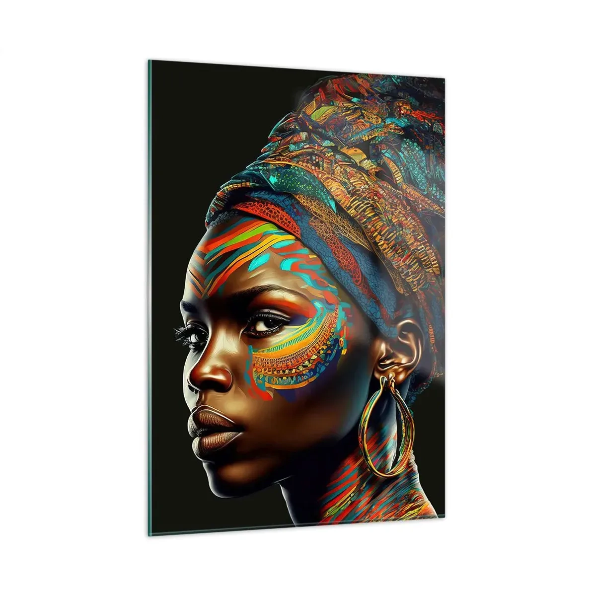 Glasbild - Bild auf glas - Porträt einer Frau mit farbenfroher Malerei und Turban - 50x70cm - Afrikanische Königin - Moderne Wanddekoration für Wohnzimmer und Schlafzimmer ARTTOR