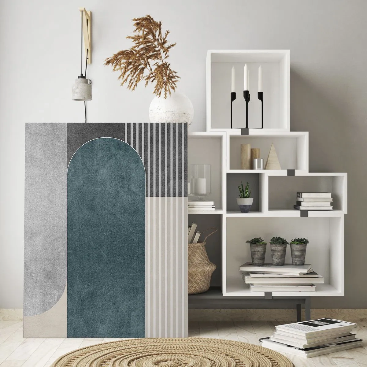 Glasbild - Bild auf glas - Geometrische Abstraktion in Grau- und Grüntönen - 80x120cm - Komposition auf der Ebene - Moderne Wanddekoration für Wohnzimmer und Schlafzimmer ARTTOR