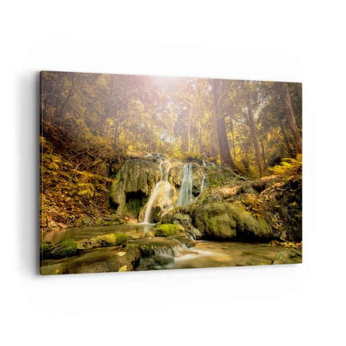 Bild auf Leinwand - Leinwandbild - Ein Waldwasserfall in den Sonnenstrahlen, umgeben von Grün - 100x70cm - Waldkaskade im Grünen - Moderne Wanddekoration für Wohnzimmer und Schlafzimmer ARTTOR
