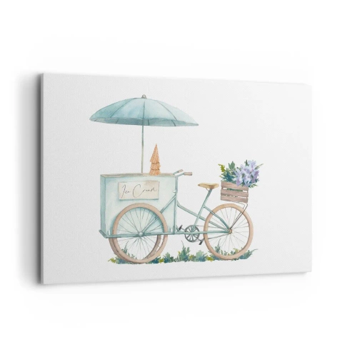 Bild auf Leinwand - Leinwandbild - Ein Fahrrad mit Eis und Blumen unter einem Regenschirm in zarten Pastellfarben - 120x80cm - Süße Erinnerung an den Sommer - Moderne Wanddekoration für Wohnzimmer und Schlafzimmer ARTTOR