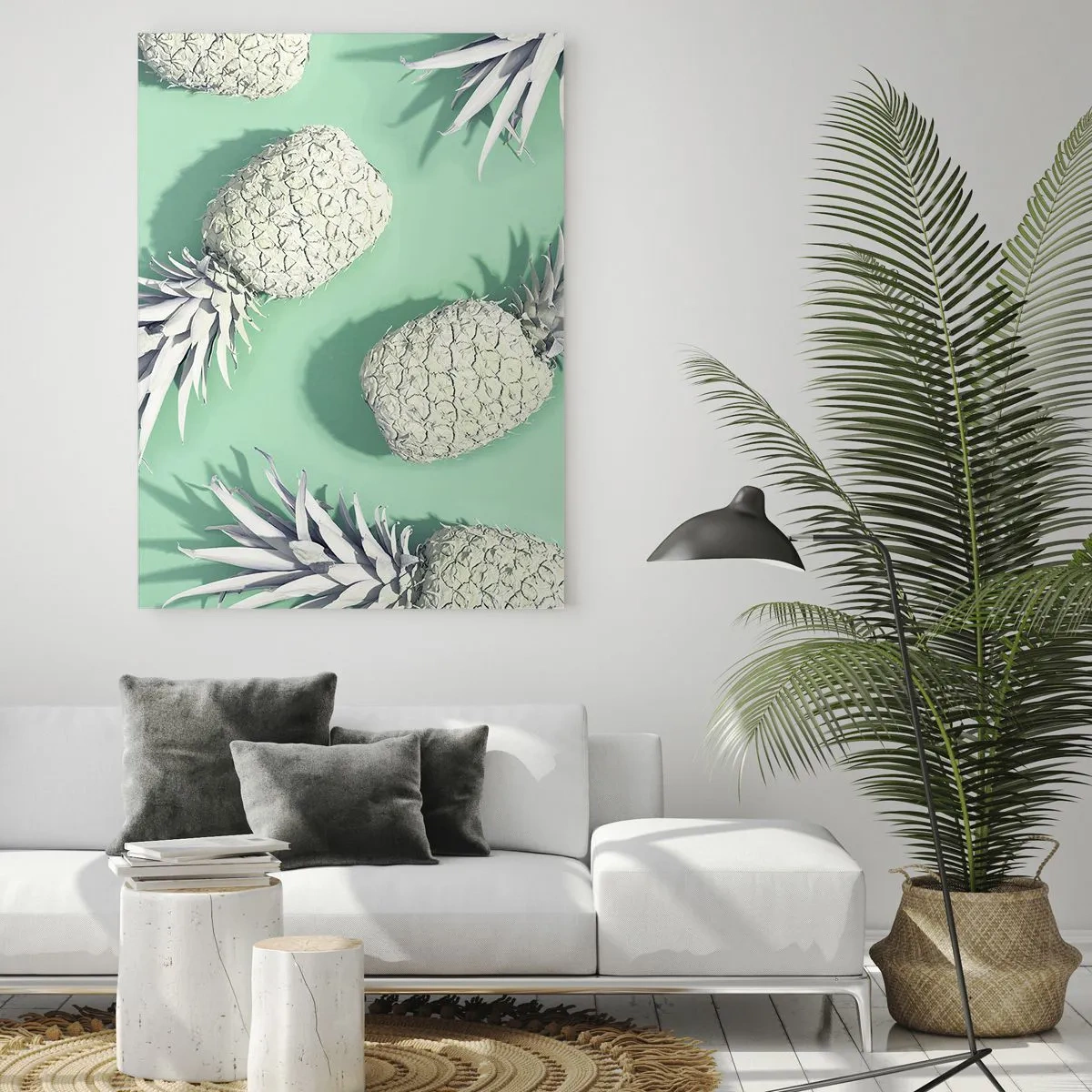 Glasbild - Bild auf glas - Weiße Ananas auf mintgrünem Hintergrund in einer künstlerischen Komposition - 50x70cm - Das passt gut zu Minze - Moderne Wanddekoration für Wohnzimmer und Schlafzimmer ARTTOR