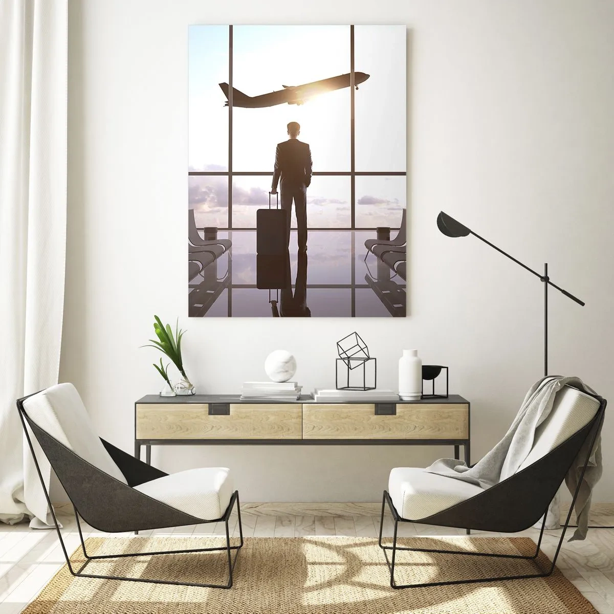 Glasbild - Bild auf glas - Geschäftsmann am Flughafen mit einem Flugzeug im Hintergrund - 80x120cm - Du hast Zeit, lass dir Zeit - Moderne Wanddekoration für Wohnzimmer und Schlafzimmer ARTTOR