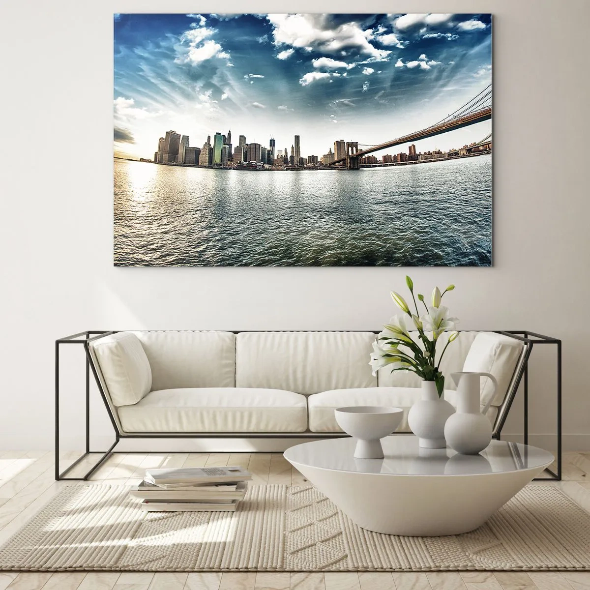 Glasbild - Bild auf glas - New York City-Panorama mit Brooklyn Bridge - 100x70cm - Glasinsel - Moderne Wanddekoration für Wohnzimmer und Schlafzimmer ARTTOR