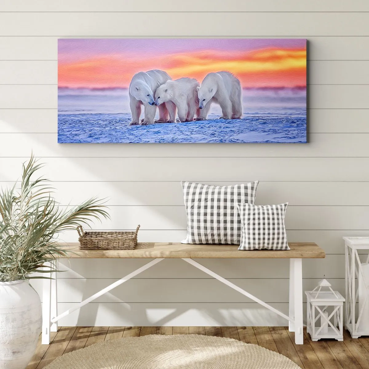 Bild auf Leinwand - Leinwandbild - Drei Eisbären vor dem Hintergrund eines arktischen Sonnenuntergangs - 120x50cm - Familienwärme ist genug - Moderne Wanddekoration für Wohnzimmer und Schlafzimmer ARTTOR