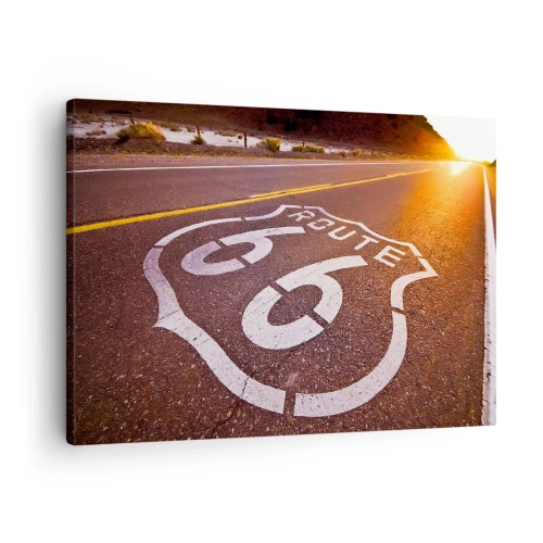 Bild auf Leinwand - Leinwandbild - Route 66 bei Sonnenuntergang - 70x50cm - Die berühmte Straße 66 - Moderne Wanddekoration für Wohnzimmer und Schlafzimmer ARTTOR