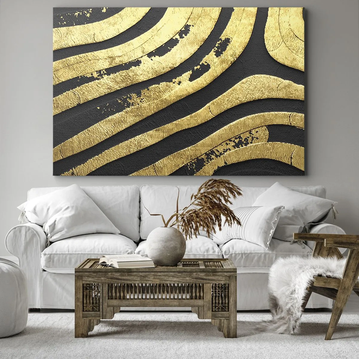 Bild auf Leinwand - Leinwandbild - Goldene abstrakte Wellen auf schwarzem Hintergrund - 120x80cm - Alles fließt - Moderne Wanddekoration für Wohnzimmer und Schlafzimmer ARTTOR