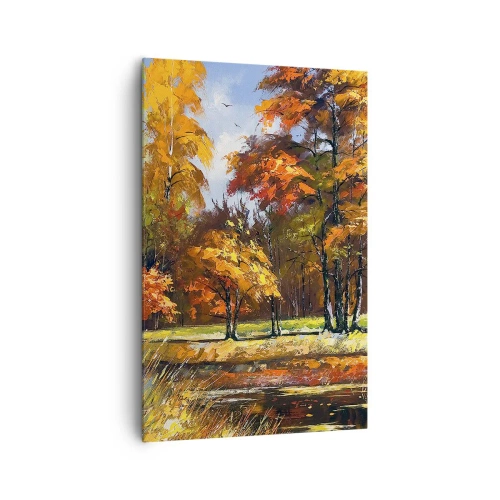 Bild auf Leinwand - Leinwandbild - Herbstlandschaft mit bunten Bäumen und einem Teich - 80x120cm - Landschaft in Gold und Bronze - Moderne Wanddekoration für Wohnzimmer und Schlafzimmer ARTTOR