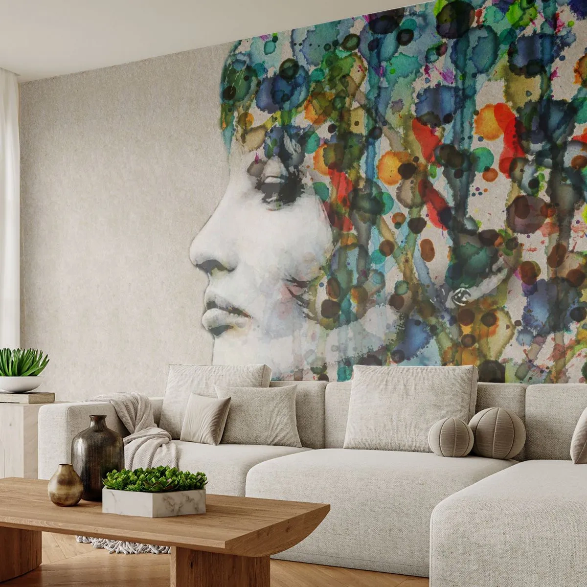 Selbstklebende Fototapete Deluxe Sticker - Sie tauchte aus dem Grau auf - Das Gesicht einer Frau, Abstraktion, Grafik - 350x256 cm