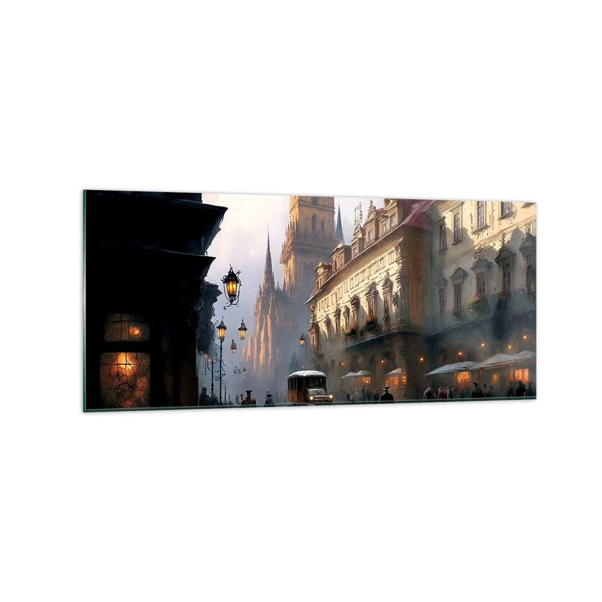 Glasbild - Bild auf glas - Abendliche Straßenszene mit historischer Architektur - 120x50cm - Charme eines Prager Abends - Moderne Wanddekoration für Wohnzimmer und Schlafzimmer ARTTOR