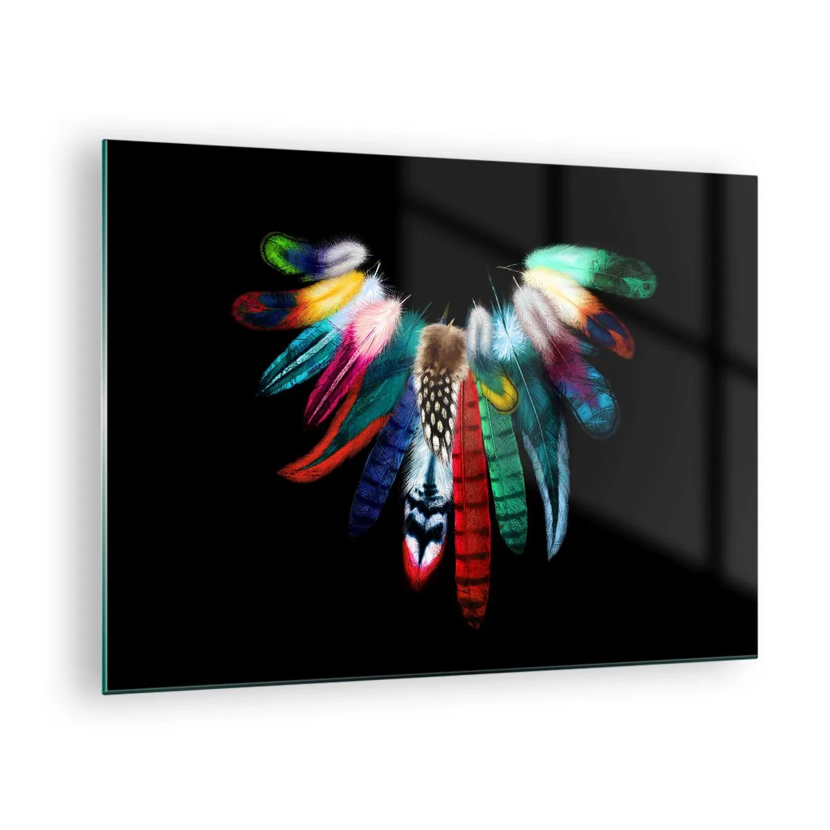 Glasbild - Bild auf glas - Bunte Federn in Flügeln angeordnet auf schwarzem Hintergrund - 70x50cm - Indische Halskette - Moderne Wanddekoration für Wohnzimmer und Schlafzimmer ARTTOR