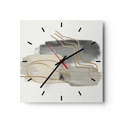 Wanduhr - Glasuhr - Abstrakte goldene Linien auf grauem Hintergrund - 30x30cm - Dauer und Bewegung - Moderne Wanddekoration für Wohnzimmer und Schlafzimmer ARTTOR