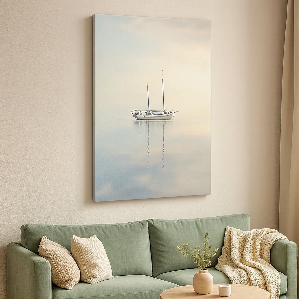 Bild auf Leinwand - Leinwandbild - Ein Boot auf ruhiger See in sanftem Licht - 50x70cm - Im Meer der Stille - Moderne Wanddekoration für Wohnzimmer und Schlafzimmer ARTTOR