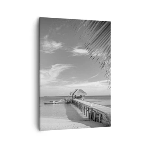 Bild auf Leinwand - Leinwandbild - Schwarz-weißer Strand mit Pier und Palmen an einer tropischen Küste - 50x70cm - Erinnerung oder Traum? - Moderne Wanddekoration für Wohnzimmer und Schlafzimmer ARTTOR