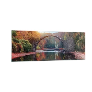 Glasbild - Bild auf glas - Eine Steinbrücke in einer Herbstlandschaft über ruhigem Wasser - 140x50cm - Auf der anderen Seite des Spiegels - Moderne Wanddekoration für Wohnzimmer und Schlafzimmer ARTTOR