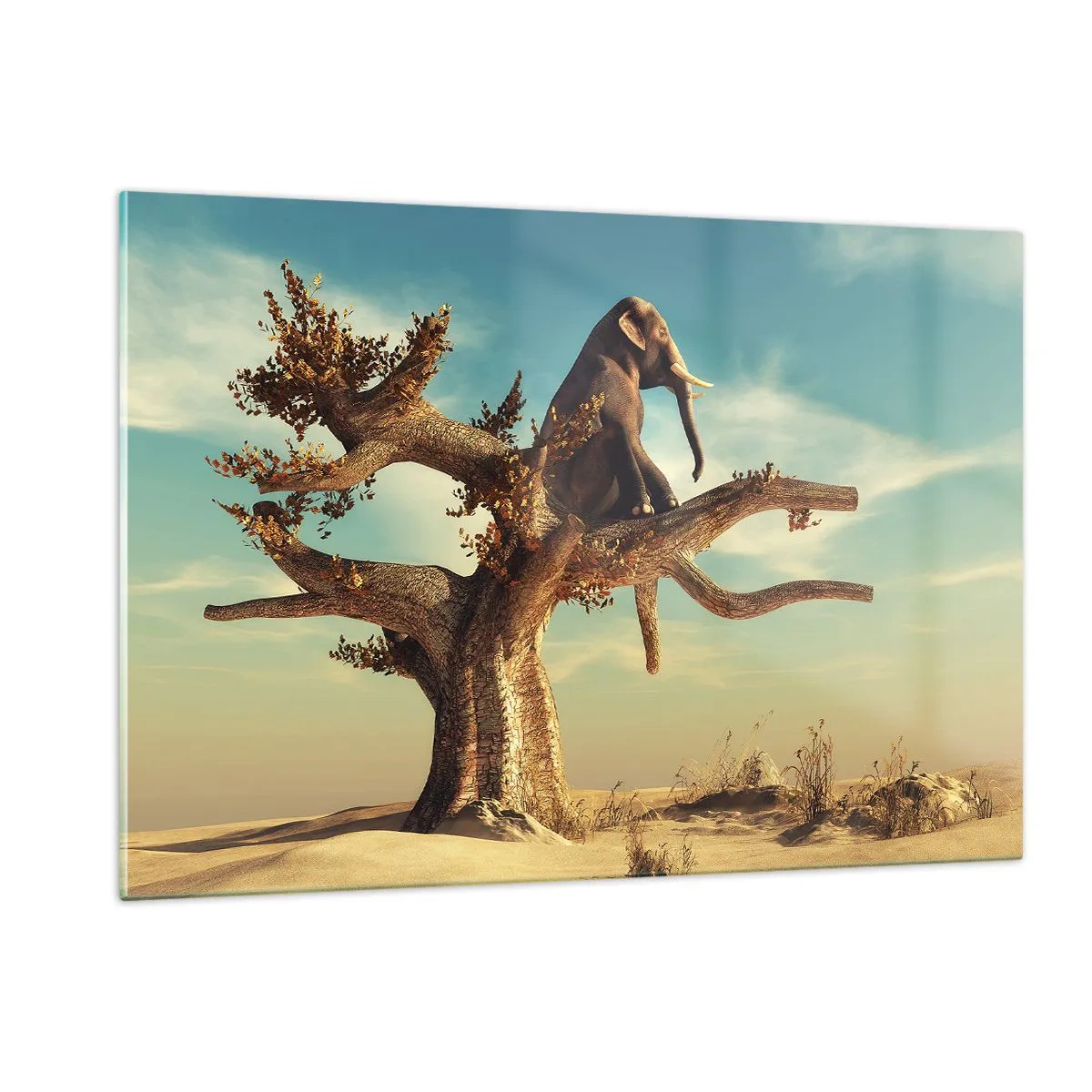 Glasbild - Bild auf glas - Ein Elefant sitzt auf einem Baum vor einem Wüstenhintergrund - 120x80cm - Ein neuer Standpunkt - Moderne Wanddekoration für Wohnzimmer und Schlafzimmer ARTTOR