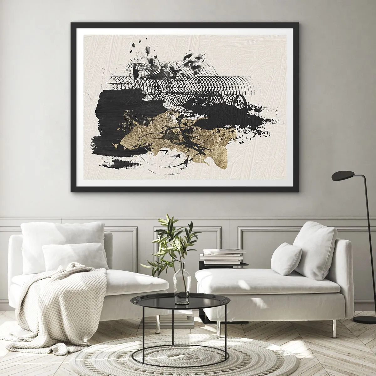 Poster in einem schwarzem Rahmen - Ein abstraktes Gemälde in Schwarz und Gold mit dynamischen Linien und Strukturen. - 70x50cm - Komposition mit Leidenschaft - Moderne Wanddekoration für Wohnzimmer und Schlafzimmer ARTTOR