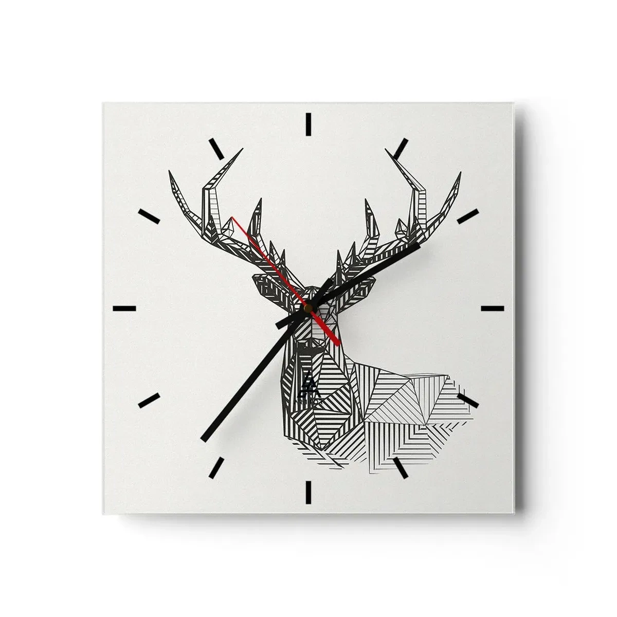Wanduhr - Glasuhr - Geometrisches Bild eines Hirsches im minimalistischen Schwarz-Weiß-Stil - 30x30cm - Ein Hirsch im kubistischen Stil - Moderne Wanddekoration für Wohnzimmer und Schlafzimmer ARTTOR
