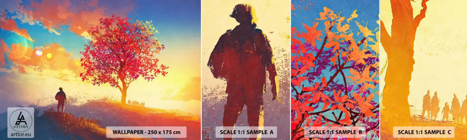 Fototapeten Muster Selbstklebend Deluxe Sticker - Pilger am Ziel - Landschaft, Baum, Wanderer - 100x30 cm