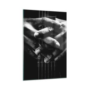 Glasbild - Bild auf glas - Hände auf einer Gitarre in einem monochromen Ton gefaltet - 80x120cm - Gebet des Künstlers - Moderne Wanddekoration für Wohnzimmer und Schlafzimmer ARTTOR