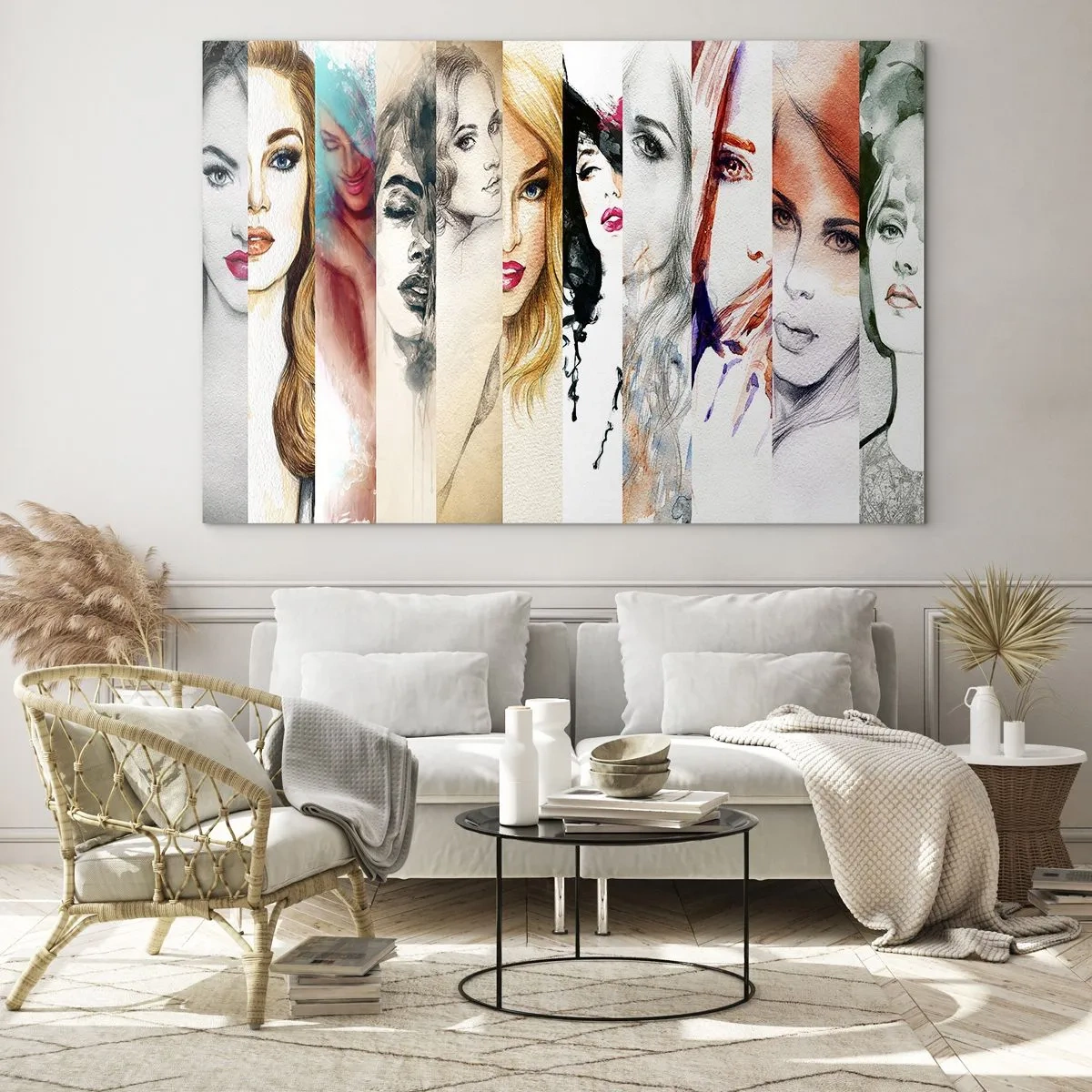 Glasbild - Bild auf glas - Eine Collage aus Frauenporträts in verschiedenen künstlerischen Stilen. - 70x50cm - Und es ist immer DU - Moderne Wanddekoration für Wohnzimmer und Schlafzimmer ARTTOR