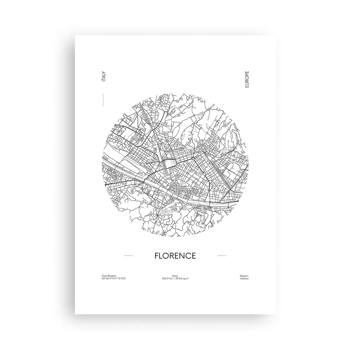 Poster - Eine minimalistische Karte von Florenz in Schwarzweiß. - 50x70cm - Anatomie von Florenz - Moderne Wanddekoration für Wohnzimmer und Schlafzimmer ARTTOR