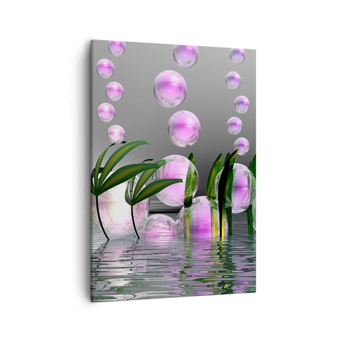Bild auf Leinwand - Leinwandbild - Grüne Blätter und rosa Blasen über dem Wasser auf grauem Hintergrund - 50x70cm - Eine reflektierende Komposition aus Leichtigkeit und Leben - Moderne Wanddekoration für Wohnzimmer und Schlafzimmer ARTTOR