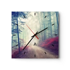 Wanduhr - Glasuhr - Ein magischer Waldweg, umgeben von Bäumen und Nebel - 30x30cm - Wie gut ist es, im Morgengrauen aufzustehen - Moderne Wanddekoration für Wohnzimmer und Schlafzimmer ARTTOR