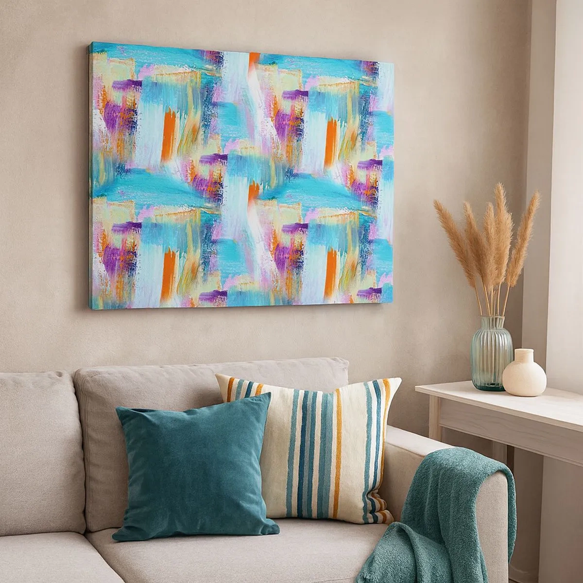 Bild auf Leinwand - Leinwandbild - Farbenfrohe Abstraktion mit dynamischen Pinselstrichen - 70x50cm - Fröhlicher Labyrinth-Liner - Moderne Wanddekoration für Wohnzimmer und Schlafzimmer ARTTOR