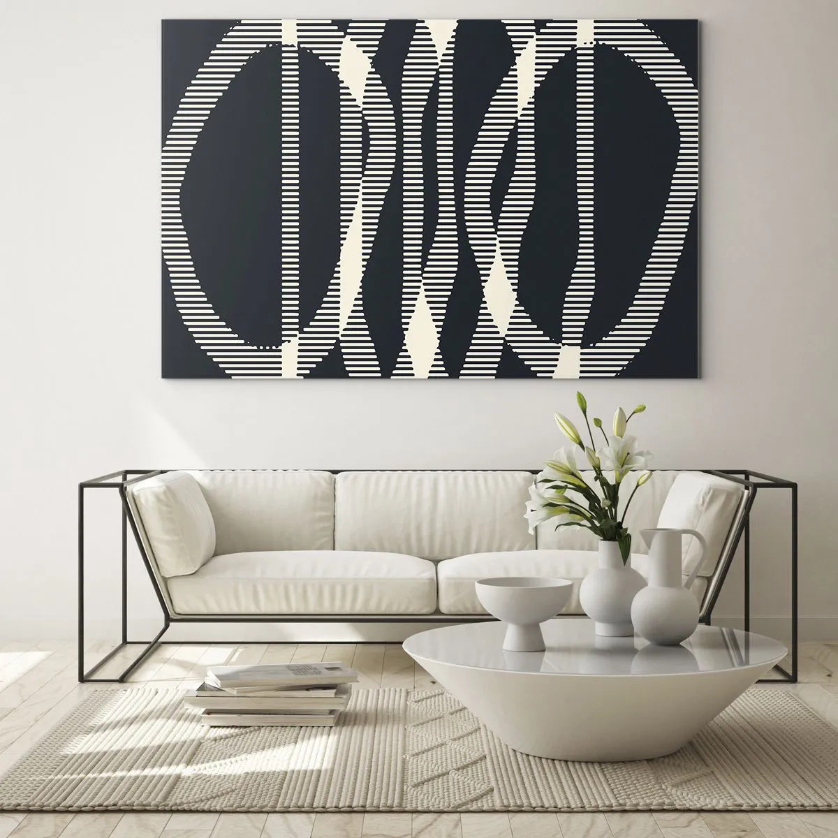 Glasbild - Bild auf glas - Geometrische Linien in Schwarz- und Beigetönen - 120x80cm - Ein Versuch, die Dunkelheit zu durchbrechen - Moderne Wanddekoration für Wohnzimmer und Schlafzimmer ARTTOR
