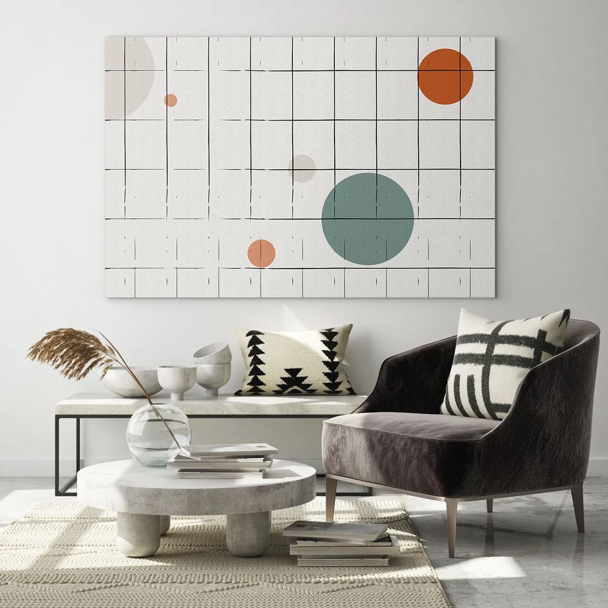 Glasbild - Bild auf glas - Bunte Kreise auf einem geometrischen Raster aus dünnen Linien - 120x80cm - Gefangen. Wir oder sie? - Moderne Wanddekoration für Wohnzimmer und Schlafzimmer ARTTOR