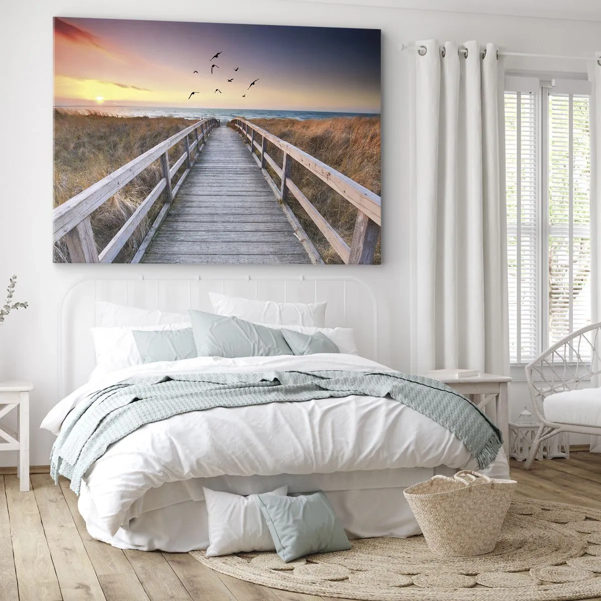 Bild auf Leinwand - Leinwandbild - Holzsteg zum Strand bei Sonnenuntergang - 70x50cm - Der Raum für Auffliegen - Moderne Wanddekoration für Wohnzimmer und Schlafzimmer ARTTOR